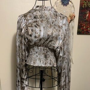 SHEIN Brown and White Smocked Fitted Blouse